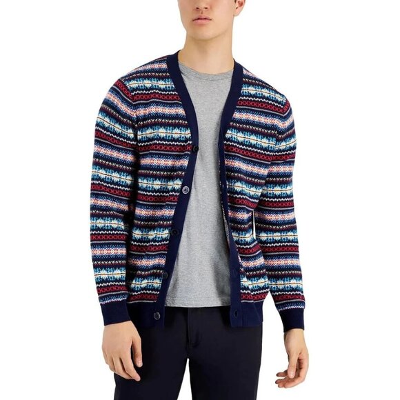Club Room Mens Cardigan Sweater Fair Isle V Neck Long Sleeve Navy Size Small - Picture 1 of 2